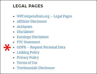 Add your GDPR page to your Legal Pages section