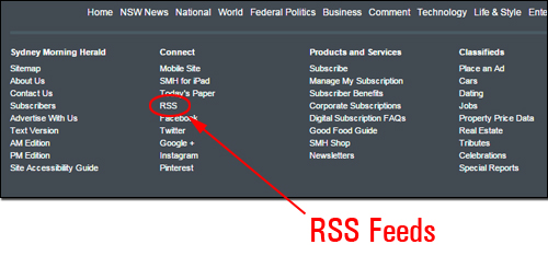 Most online newspapers and major content sites include an RSS feed section