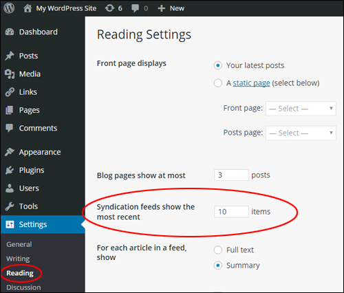 WordPress Reading Settings - Number of syndication feed items field