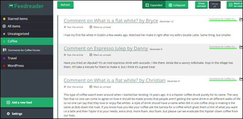 Paste your URL of your comments feed into a feedreader to view the content.