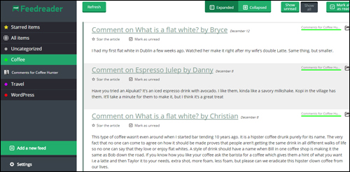 Paste the URL of your comments feed into a feed reader to view the content.