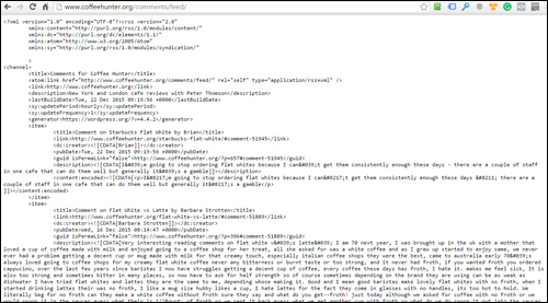 RSS comments feed content displayed on Google Chrome