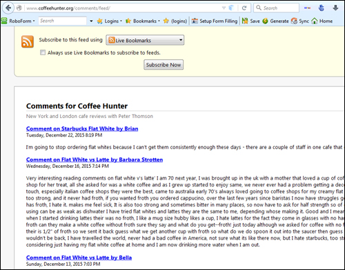 RSS comments feed items viewed using a Firefox web browser