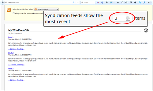 Your feed page will show as many recent items you have specified in the WordPress Reading Settings section