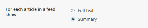 Settings - Reading Settings - Show 'Full Text' or 'Summary' for each article in your RSS feed