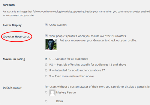 WordPress Discussion Settings - Gravatar Hovercards
