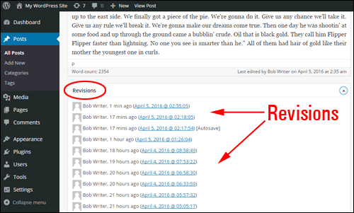 Post Editor section - Viewing the Post revisions list