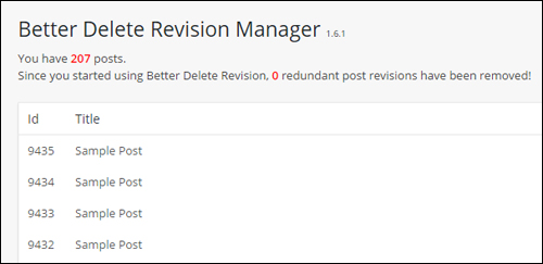 Posts revisions list - Better Delete Revision Manager
