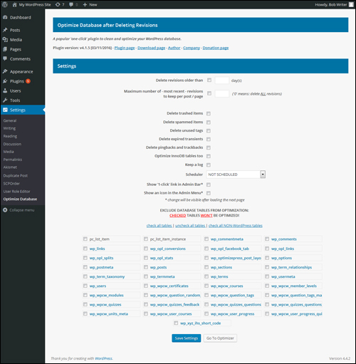 Optimize Database after Deleting Revisions Plugin - Settings Panel