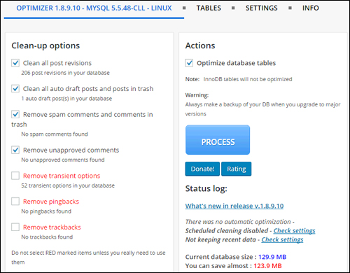 WP Optimize - WordPress Plugin Settings Screen