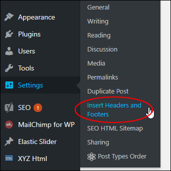 Settings > Insert Headers and Footers