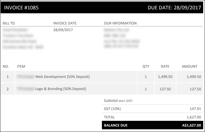 Website development work invoice