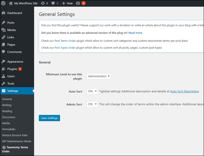 Taxonomy Terms Order - General Settings screen.