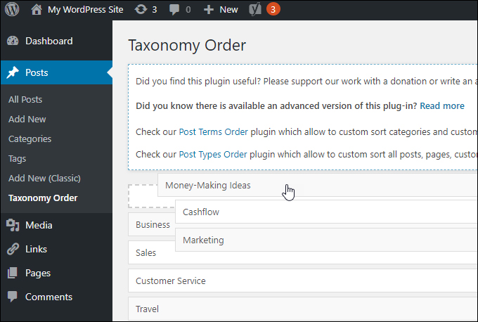 Taxonomy Order screen