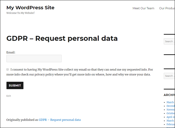 'GDPR request personal data' page