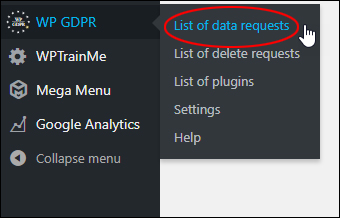 WP GDPR menu - List of data requests