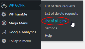 WP GDPR menu - List of plugins