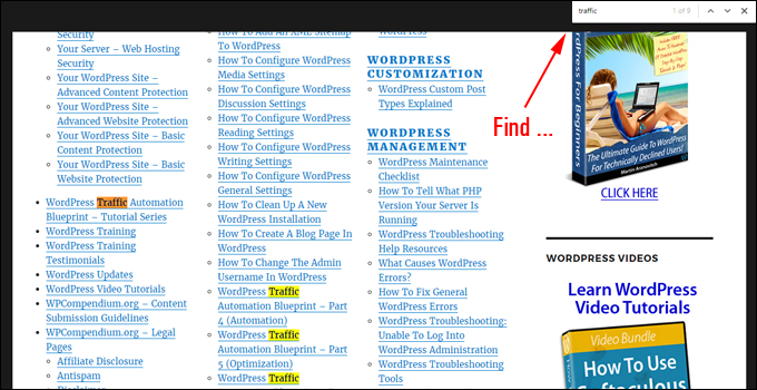 Search for a WordPress tutorial using the Find tool
