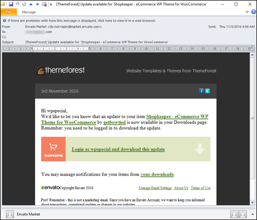 ThemeForest emails you theme update notifications