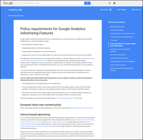 Policy requirements for using Google Analytics
