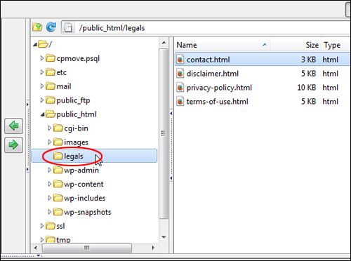 Create a 'legals' folder in your server and upload pages using FTP