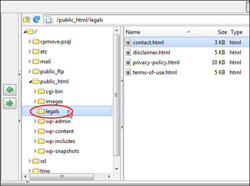 Create a 'legals' folder in your web server and upload pages using FTP