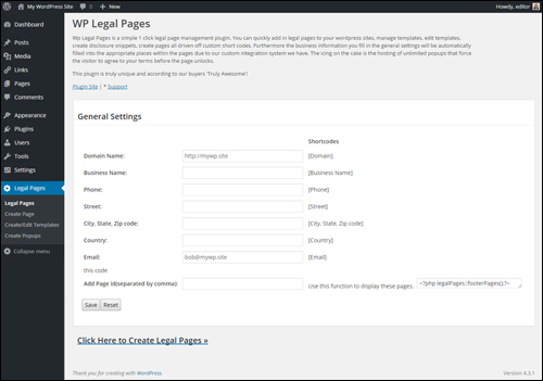 WordPress Legal Pages Plugin For WordPress - Settings Screen