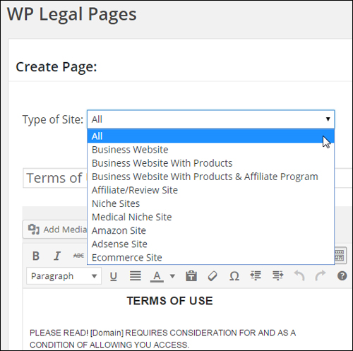 WordPress Legal Pages Plugin - Page Type