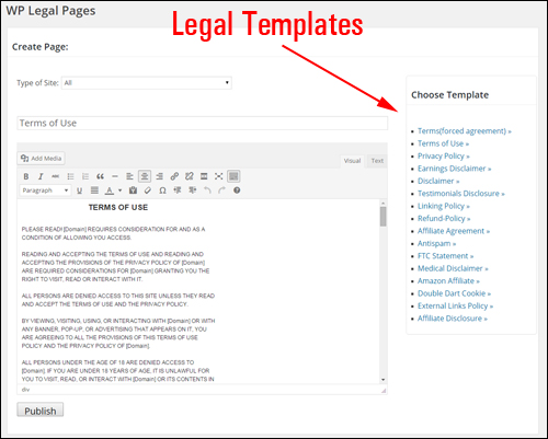 WP Legal Pages Plugin - Pre-configured Templates