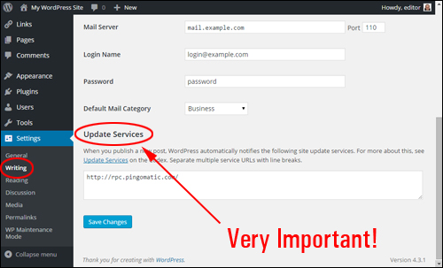 Global Settings - Writing Settings Section