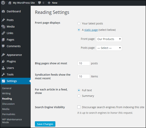 WordPress Settings - Reading Settings Screen