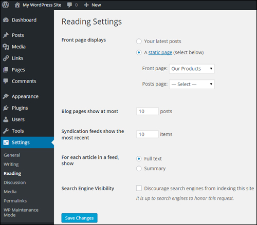 Settings Menu - Reading Settings Section