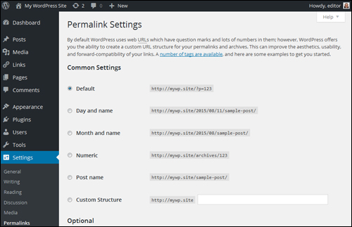 WordPress Settings - Permalink Settings Screen