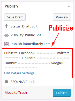 Publicize account settings displays in your Publish box.