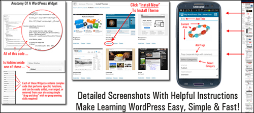 Detailed screenshot tutorials with helpful instructions make learning WordPress simple,easy and fast!