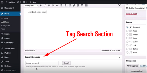 WP Tag Machine installs a tag search feature below your post content area