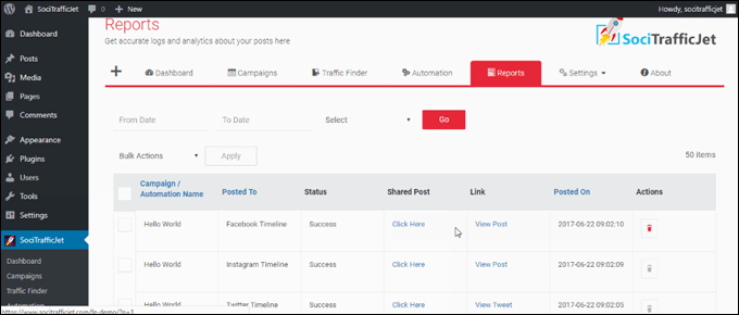 SociTrafficJet Reports tab