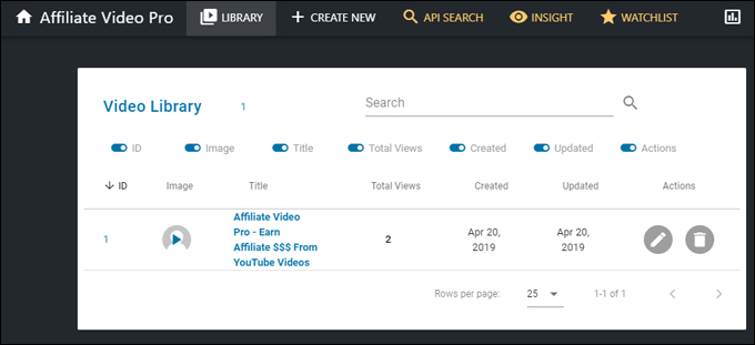 Affiliate Video Pro Dashboard - Video Library