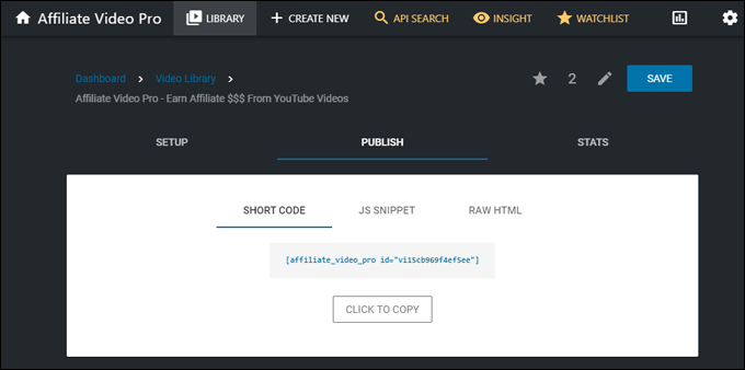 Affiliate Video Pro Dashboard - Video Shortcode