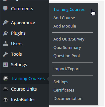 WP Courseware plugin menu