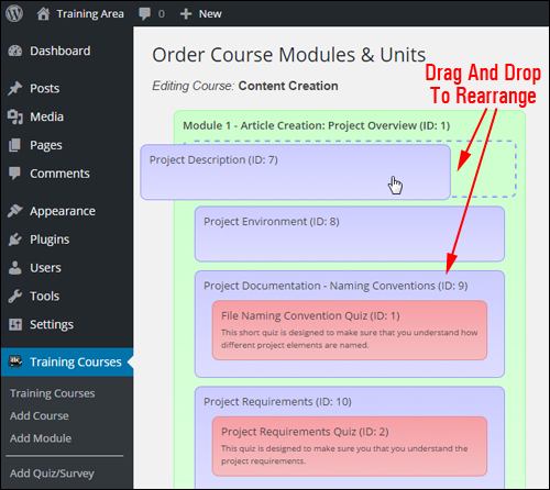 WPCourseware - Order Course Modules & Units settings area