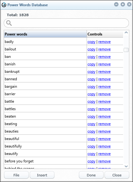 Title Analyzer includes a large database of power words used to score your titles