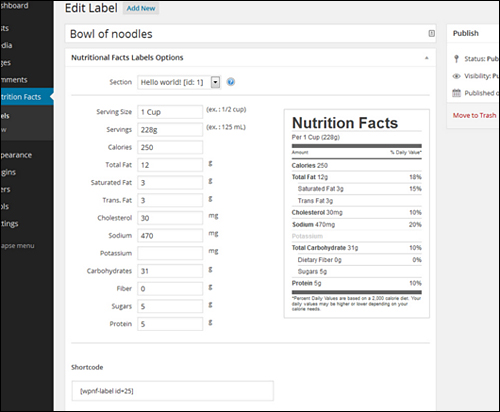 WP Nutrition Facts - WordPress Plugin - Custom Post Type Label Creation