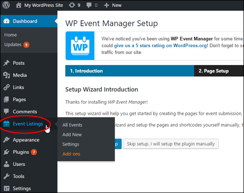 WP Event Manager Menu Screen