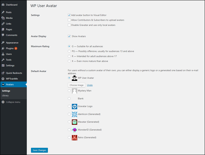 WP User Avatar settings screen