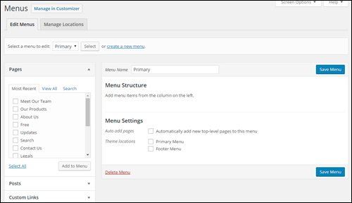 WordPress Menus Screen