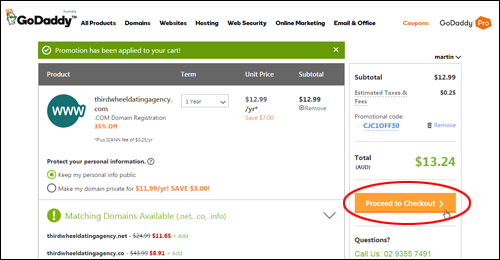 Domain name registration process - proceed to checkout