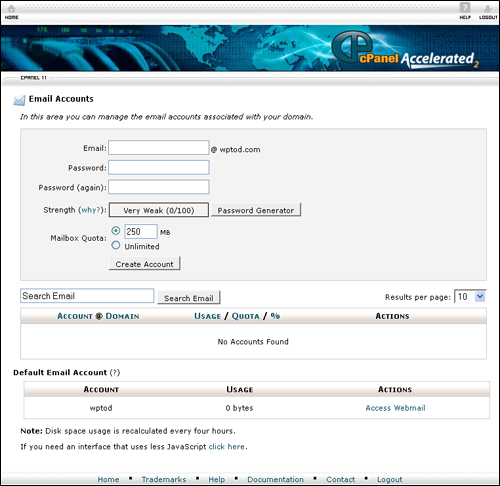 cPanel Email Accounts screen