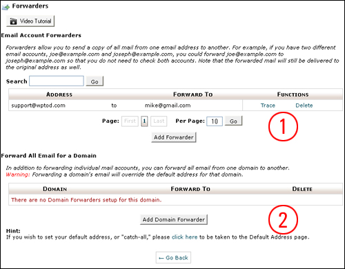 cPanel Email Forwarding screen.