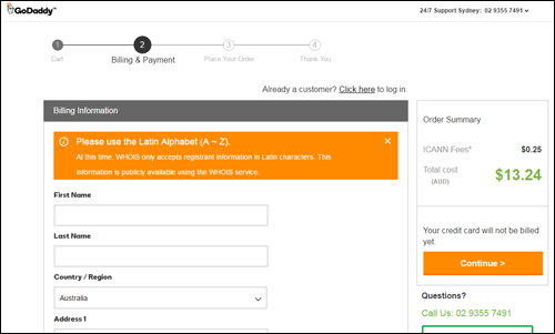 Domain name registration process - create an account